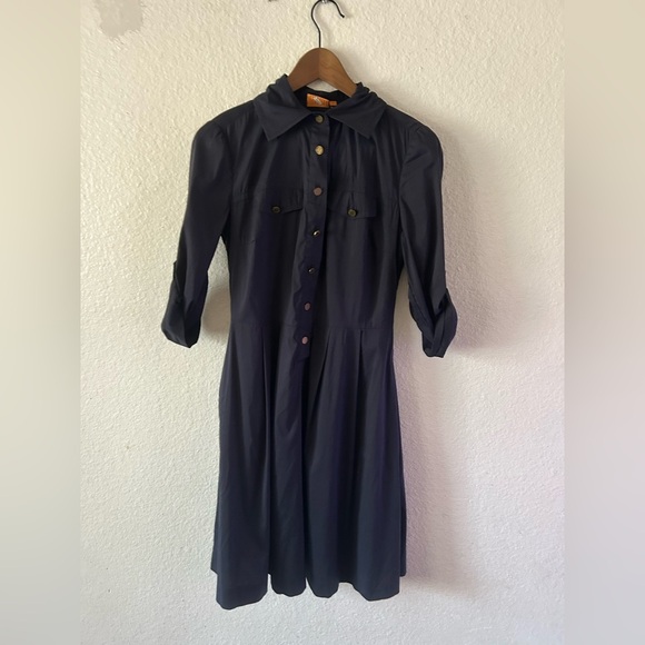 Tory Burch Dress Womens Sz 2 Navy Pleated Fit Flare Nautical Preppy Retro Button - Picture 12 of 16